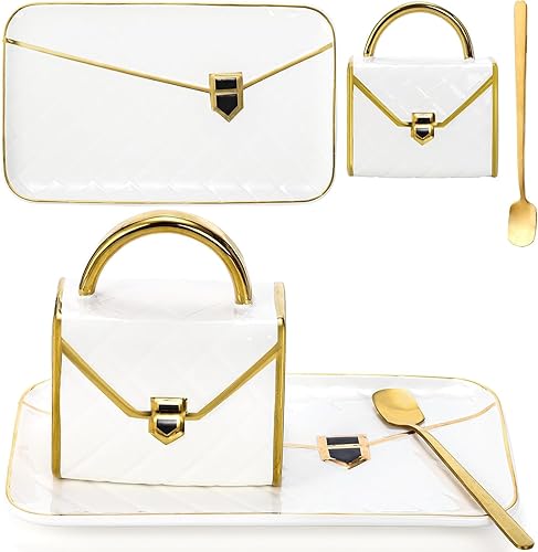 Fasmov Taza de café, taza en forma de bolso con platillo y cuchara, juego de taza de té, tazas de café de cerámica de viaje, juego de tazas de café