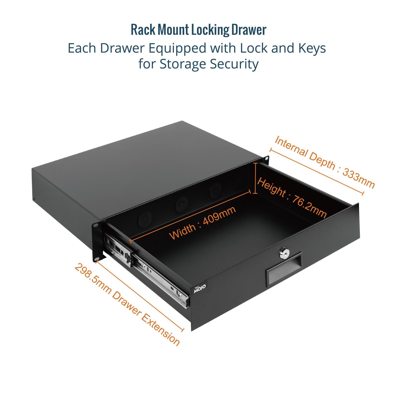 Tecmojo 2U Tiroir Rack, pour Armoires 19 Pouces, Verrouillable avec Support Arrière, Capacité de Charge 10kg, Ouvertures pour Gestion des Câbles, Noir