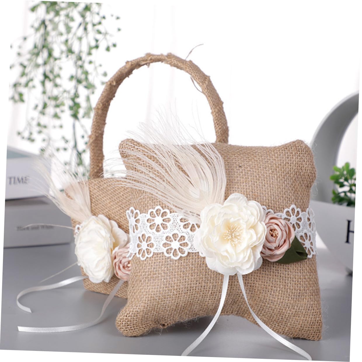 Blumenkorb für Blumenmädchen 1 Satz Leinen für Hochzeit | Ringkissen, Kaffeeton, nicht Leicht zu Brechen, mit Künstlichen Blumen Dekoriert