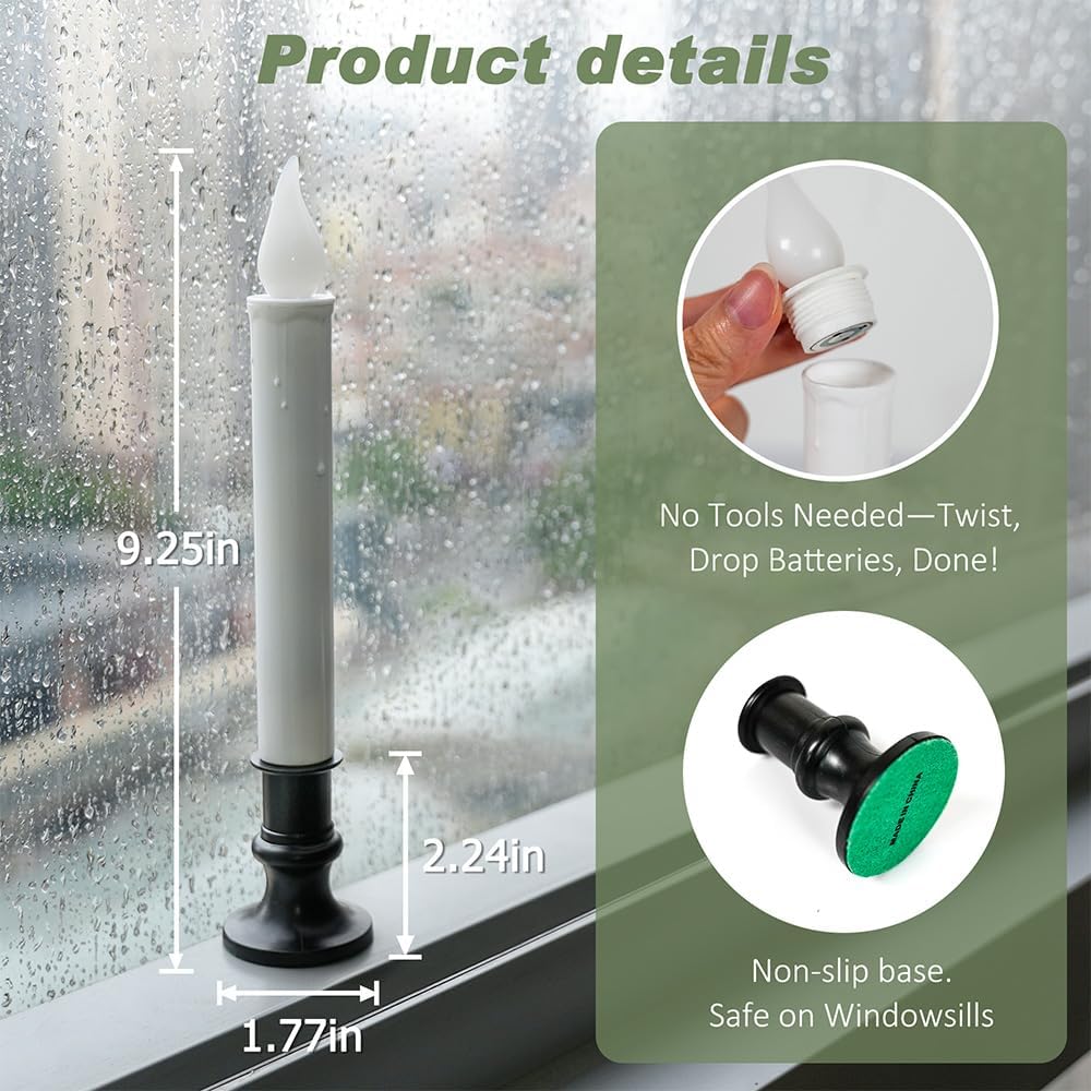 FPOO Window Candles with Dusk to Dawn Light Sensor, Battery Operated Candlesticks Long-Lasting 20+ Days, Flameless Taper Candles Flickering with Black Holders for Christmas Windows (4 Pack, 9 inch)