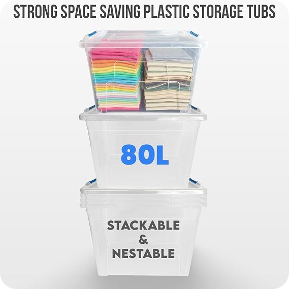KAPCO Stackable Plastic Storage Boxes 3 x 80L with Clip Lock Lids | Large Clear Containers for Garage, Kitchen, Home, Loft & Office | Durable Modular Bins for Moving, Organising | BPA Free – 80 Litre