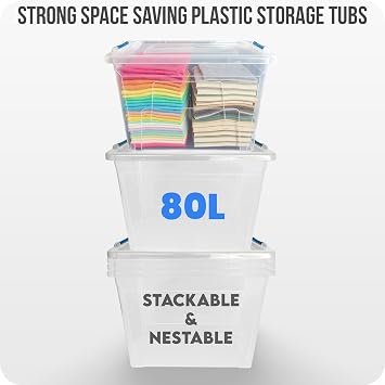 KAPCO Stackable Plastic Storage Boxes 3 x 80L with Clip Lock Lids | Large Clear Containers for Garage, Kitchen, Home, Loft & Office | Durable Modular Bins for Moving, Organising | BPA Free – 80 Litre