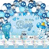 Baby Shower Decorations for Boy, 94Pcs Boy Baby Shower Decorations with It's a Boy Backdrop, Elephant Tablecloth, Footprint Baby Bottle Foil Balloons, Balloon Garland for Birthday, Gender Reveal