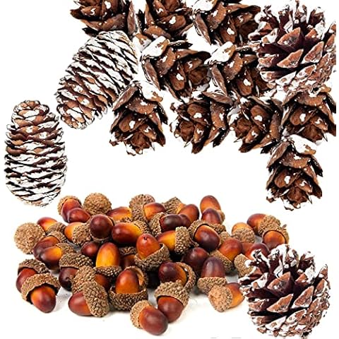 34 Pcs Thanksgiving Christmas Natural Mini Pine Cone Artificial Acorn Pine Cone Ornament, Artificial Acorns and Natural Pinecones Ornament Set for Home House Christmas Decoration Photo Props Cover