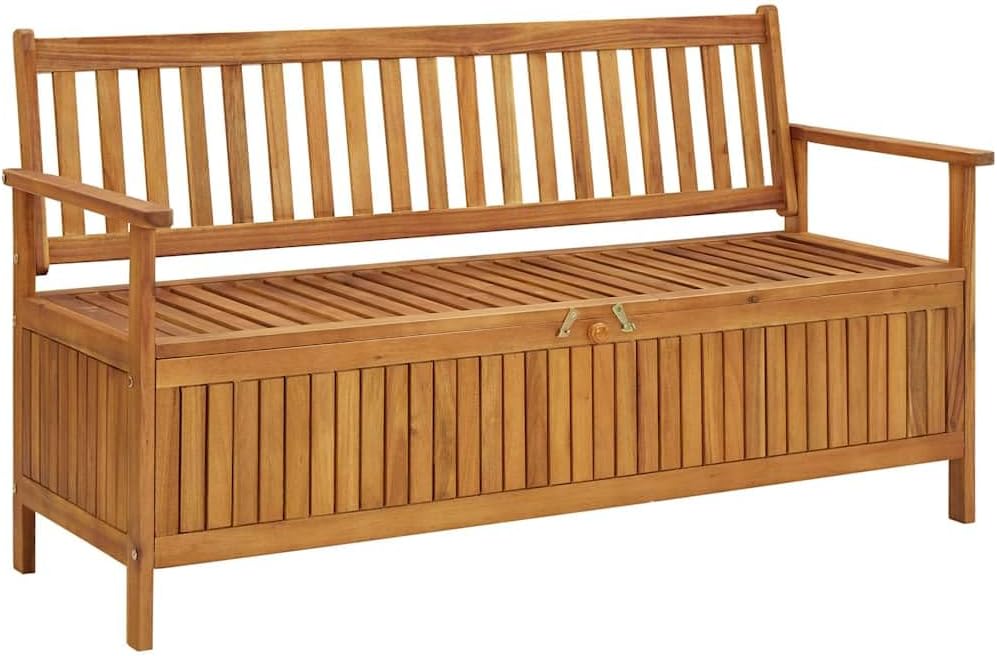 Patio Storage Bench 58.3 Inch Solid Acacia Wood Outdoor Bench Seat with Large Compartment Garden Porch Furniture for Front Porch and Backyard Use