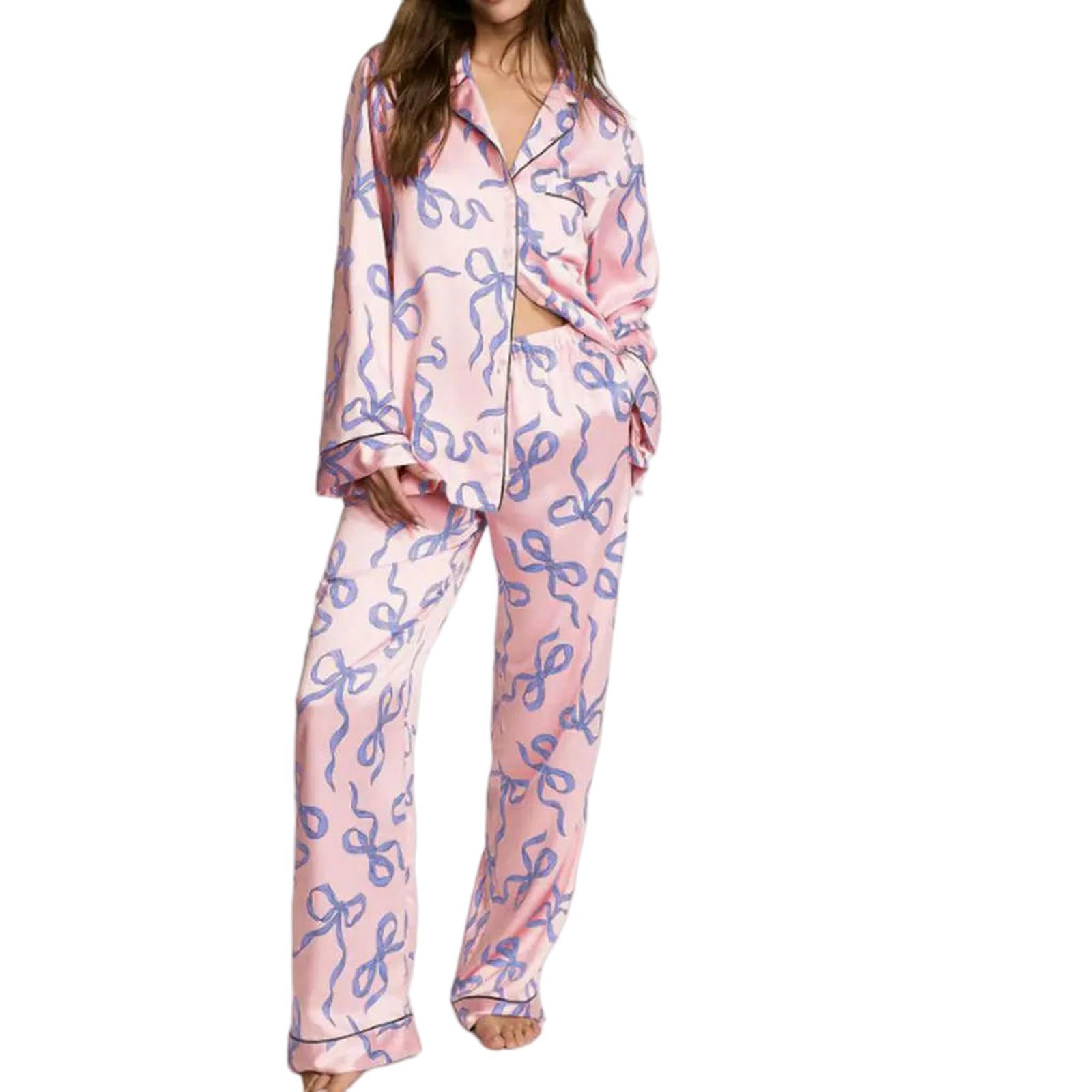 Pigiama in Raso da Donna 2 Pezzi Set A Maniche Lunghe con Risvolto al Collo Camicia Stampa Fiocco Stella Top + Pantaloni Vita Elastica Sleepwear-6-l