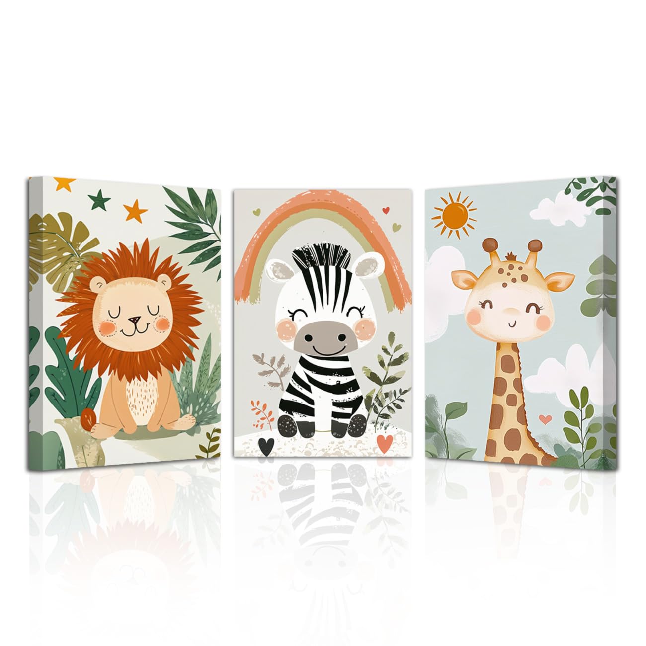 LZIMU Kinderzimmer Leinwandbilder mit Tieren 3-teilig niedliches Tier Babybild Wald Kinderzimmer Wanddeko für Jungen und Mädchen (Beige, 40x60cmx3 Teilig)