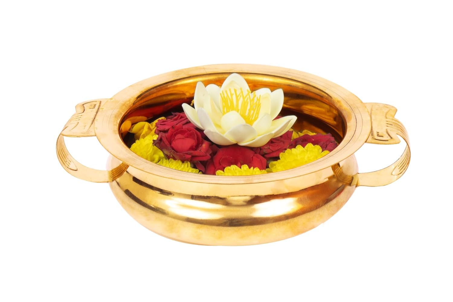 Putrika Brass Urli Decorative Bowl Vessel, Home Decor Festive Gift Item - Urli Handle Size 6 and Lotus Diya 3