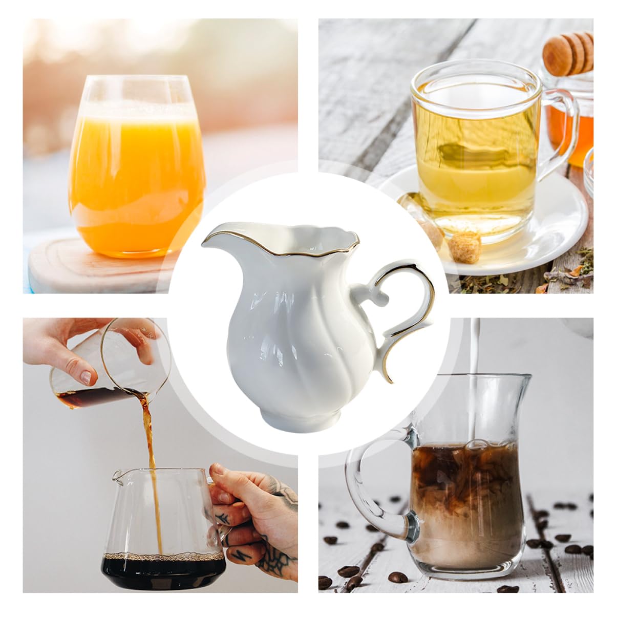 VINTORKY European Style Ceramic Milk Cup Sauce Holder Sauce Container Cold Water Dispenser Cream Pitcher with Handle Syrups for Drinks Milk Dispenser Pottery Creamer Milk Jar White Ceramics