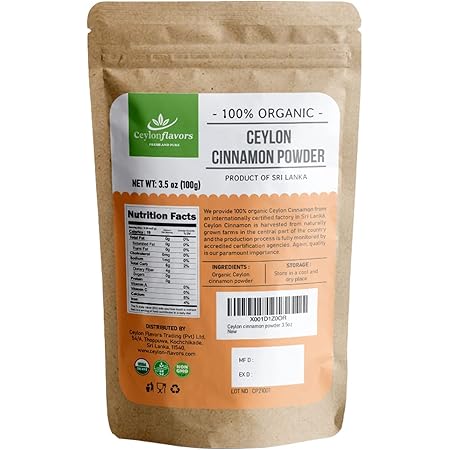 Ceylon Flavors Organic Ceylon Cinnamon Powder, Premium Special Grade, Non GMO, Harvested from a USDA Certified Organic Farm in Sri Lanka (3.5 oz)