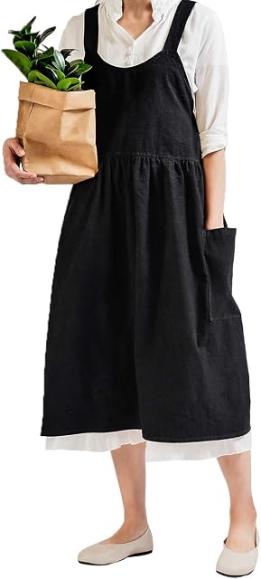 Women Retro Literature Art Cotton Linen Cross Back Apron Flower Shop Clothing Cafe Kitchen Cooking Casual Apron
