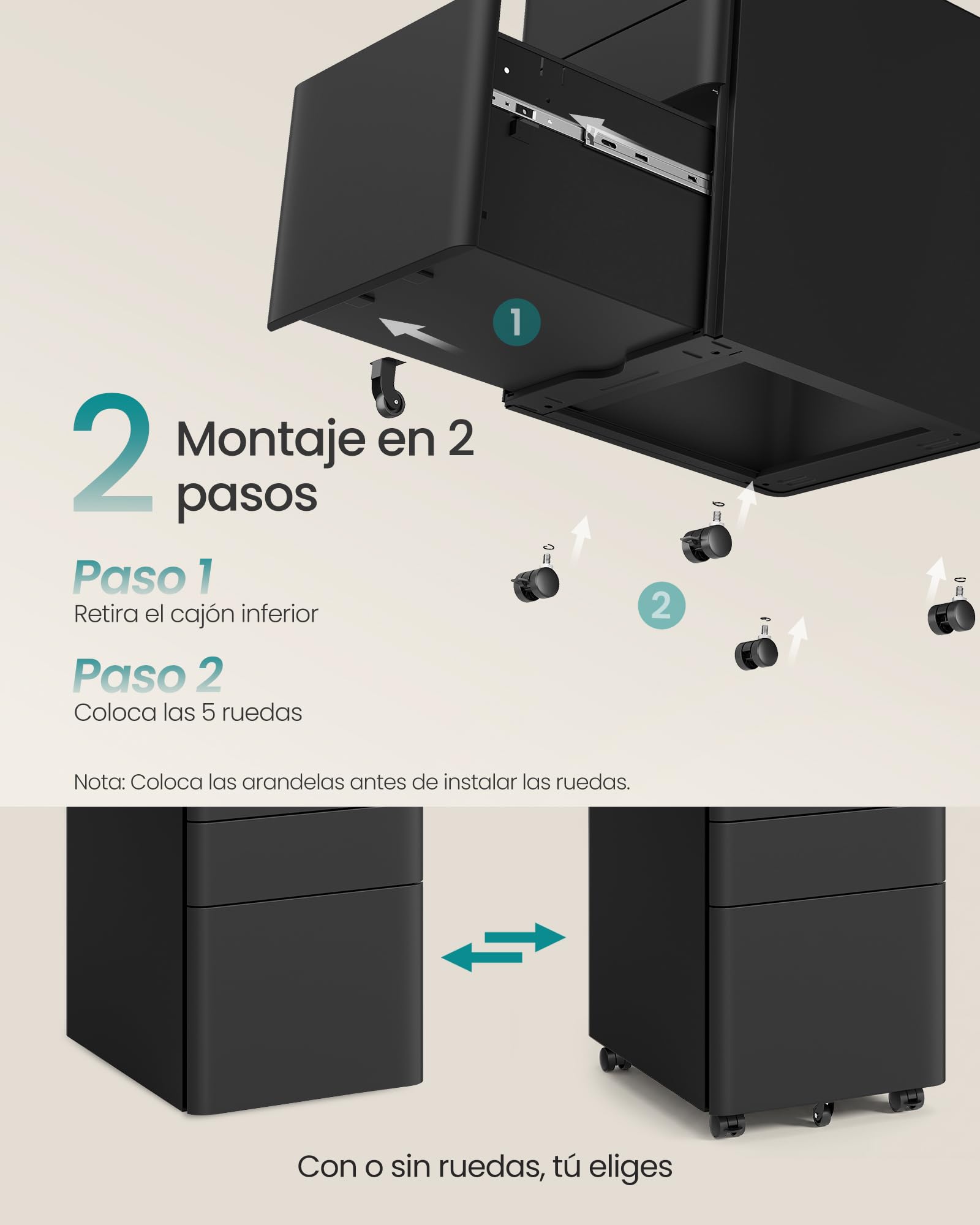 SONGMICS Cajonera Metálica con Ruedas, Mueble Archivador de Acero con 3 Cajones y Llave, 50 x 39 x 59 cm, Organizador para Oficina y Escritorio, Negro Mate, Colección Berend OFC032B101