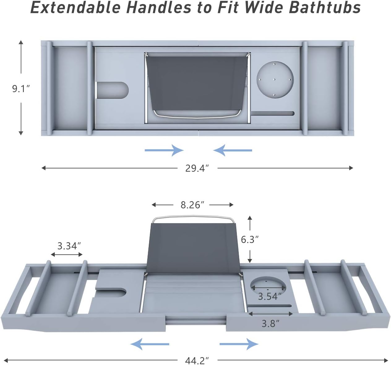 Domax Bathtub Caddy Tray Expandable Bamboo Tub Tray for Luxury Bath with Book Holder and Free Soap Dish (Gray, 29.4"-44.2"x 9.1"x1.65") : Everything Else