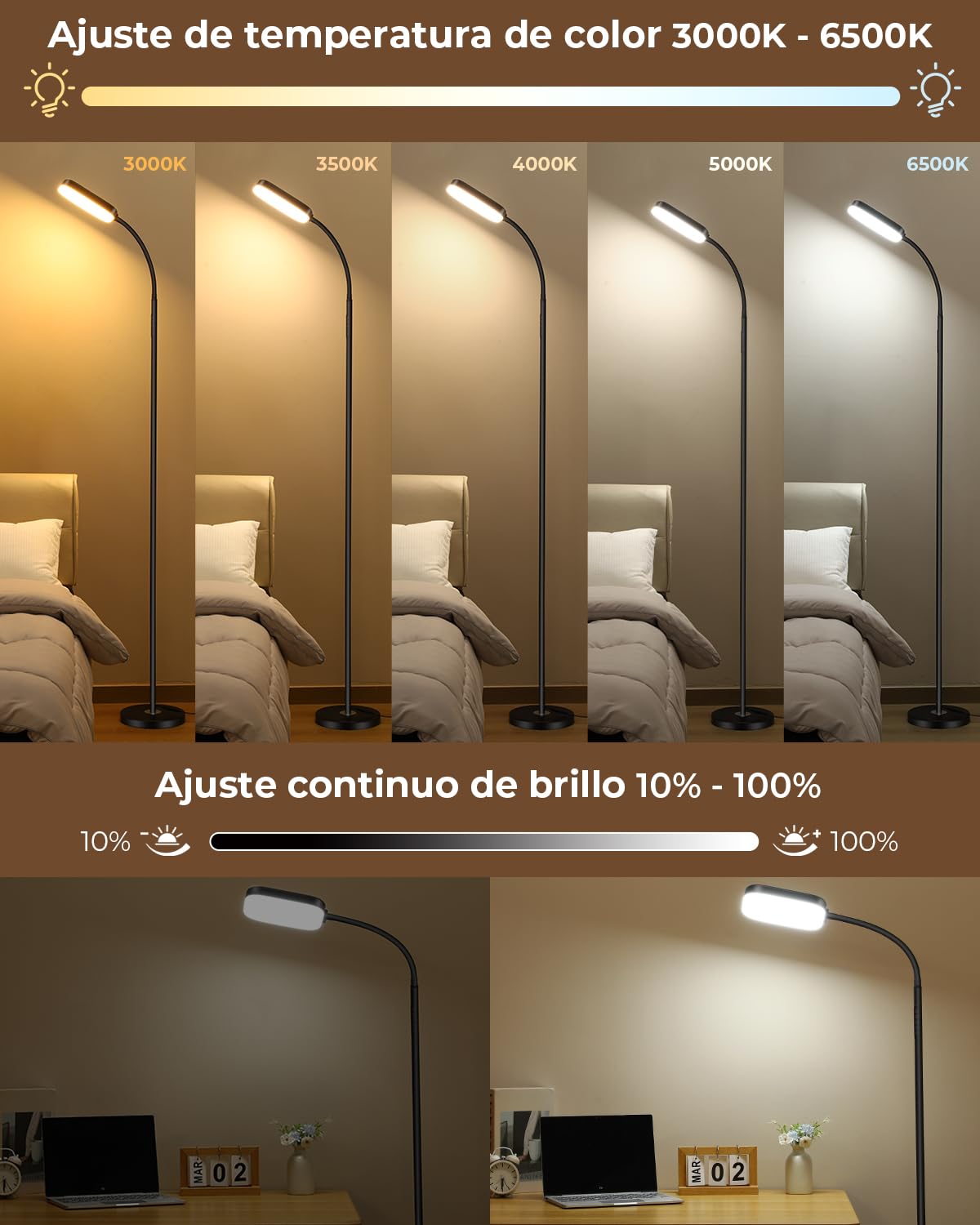 Lámpara de pie LED regulable 18W, 1850 lm – Lámpara de pie para salón con mando a distancia, 3000–6500K, lámpara de lectura moderna y regulable