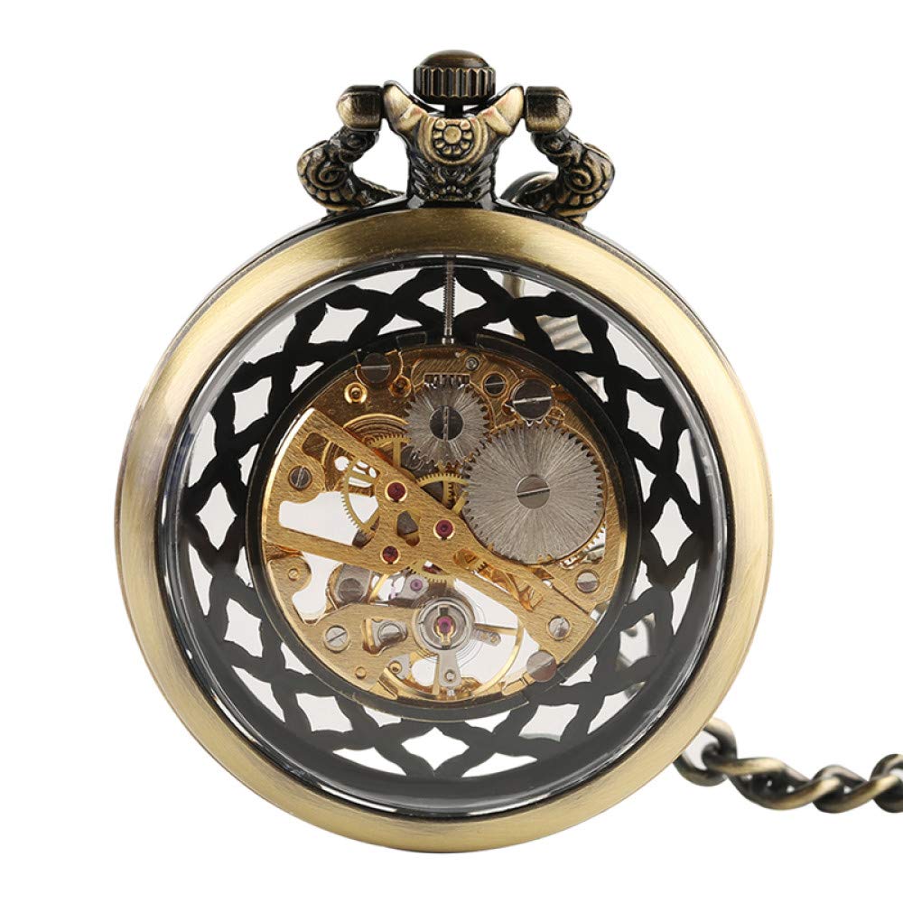 Pocket Watch Retro Bronze Mechanische Taschenuhr transparent offenes Gesicht einzigartige Coole Vintage -Uhr -Geschenke für Männer Frauen mit Kette
