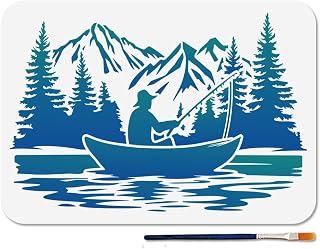 MAYJOYDIY Fisherman Boat Stencil Reusable Lake Fishing Stencils for Painting 11.7×8.3inch Forest Mountain Art Craft Templates with Paint Brush for Window Wood Wall Home Gift Decoration