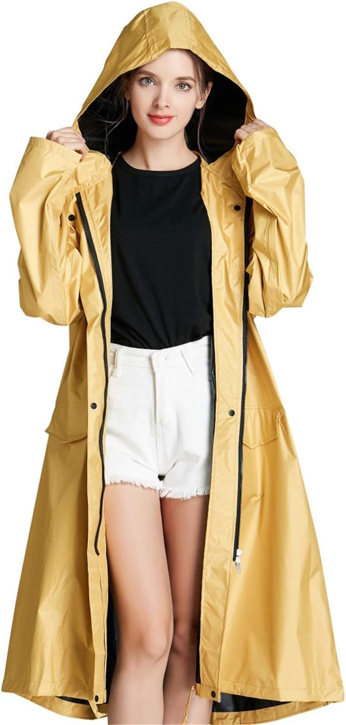 Women's Long Thick Rain Caot Waterproof Raincoat Poncho Cape with Hood Sleeves and Pocket