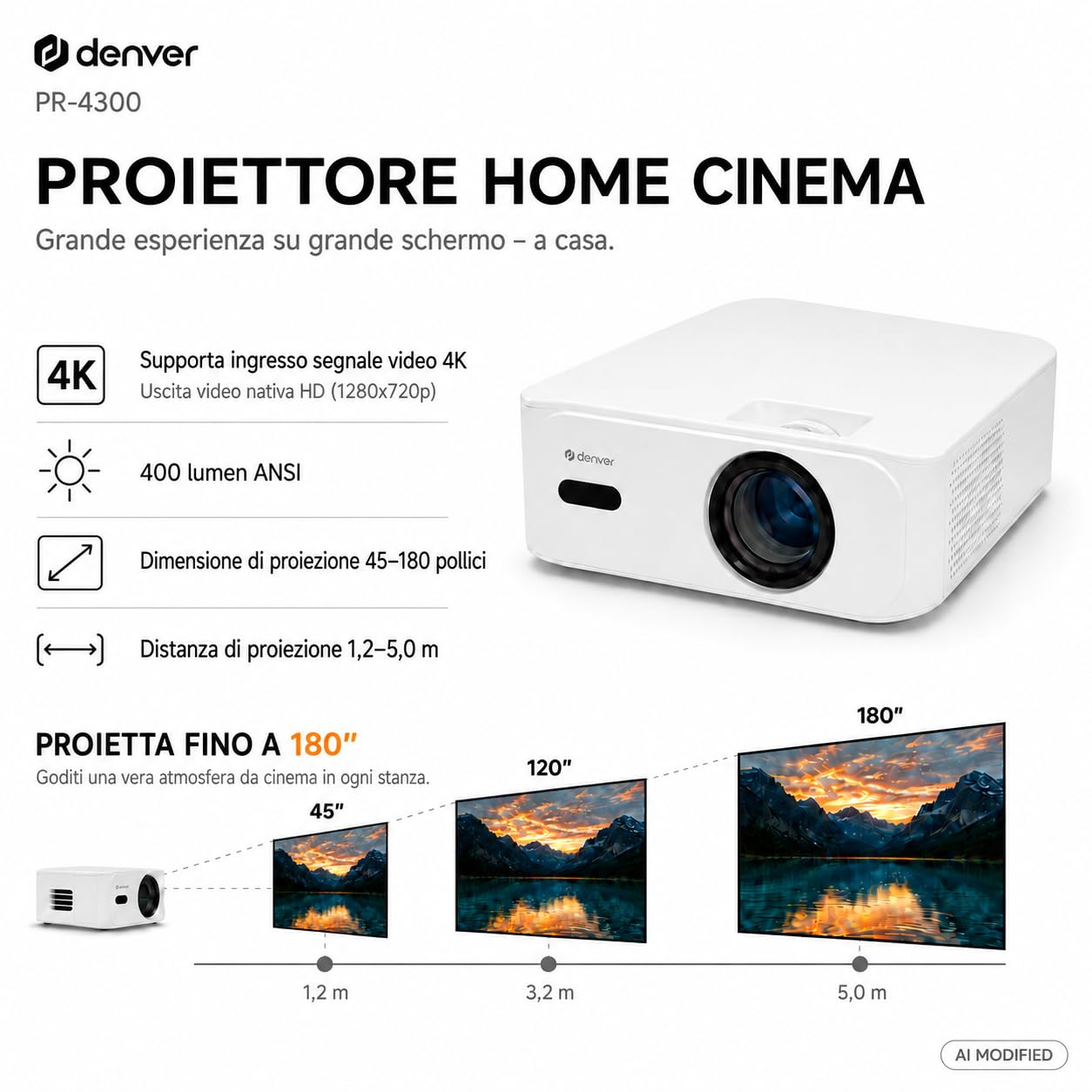 Denver Mini Proiettore Portatile, Proiettore Esterno, Bluetooth, 400 ANSI