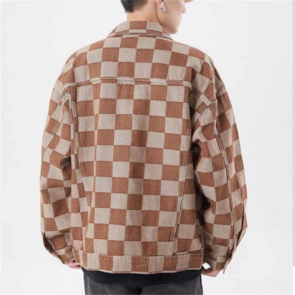 Washed Checkerboard Jacket Denim Men's Spring And Autumn Vintage Tops(M code)
