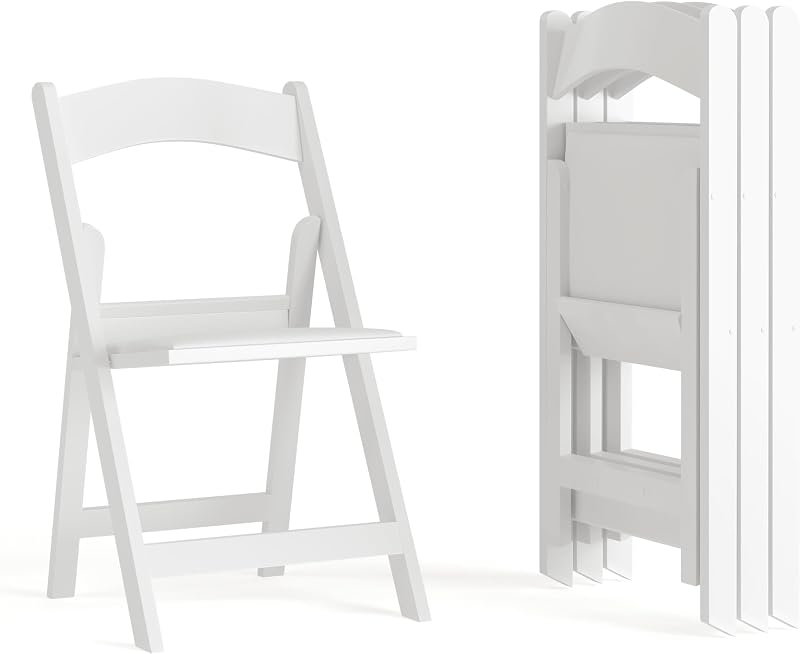 Flash Furniture Silla plegable serie Hercules - Resina blanca - Juego de 4 sillas cómodas para eventos con capacidad de peso de 800 libras - Silla plegable liviana