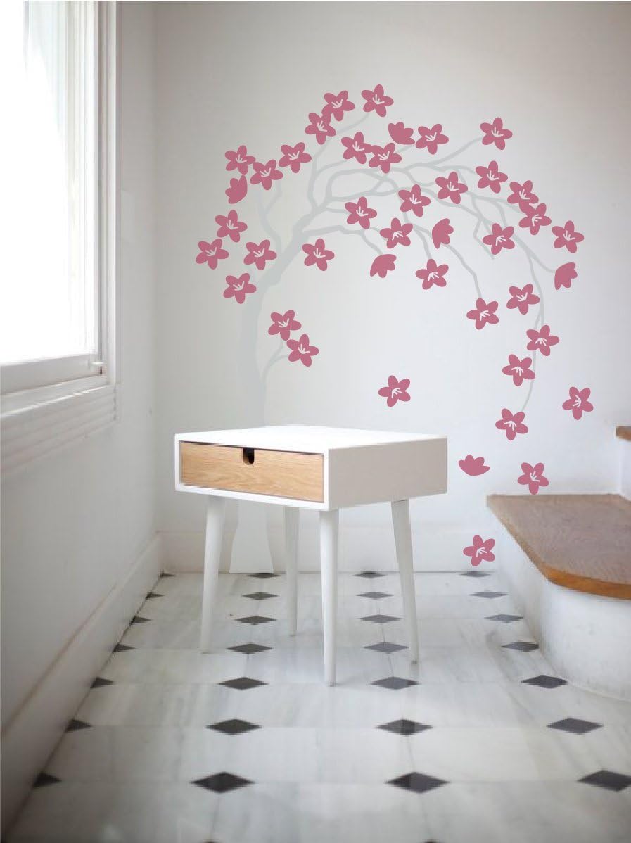 Small Flower Tree Blowing in the Wind Wall Decal | Cherry BlossomVinyl Sticker Nature Home Decor (Dark Grey, Yellow 19x35 inches)