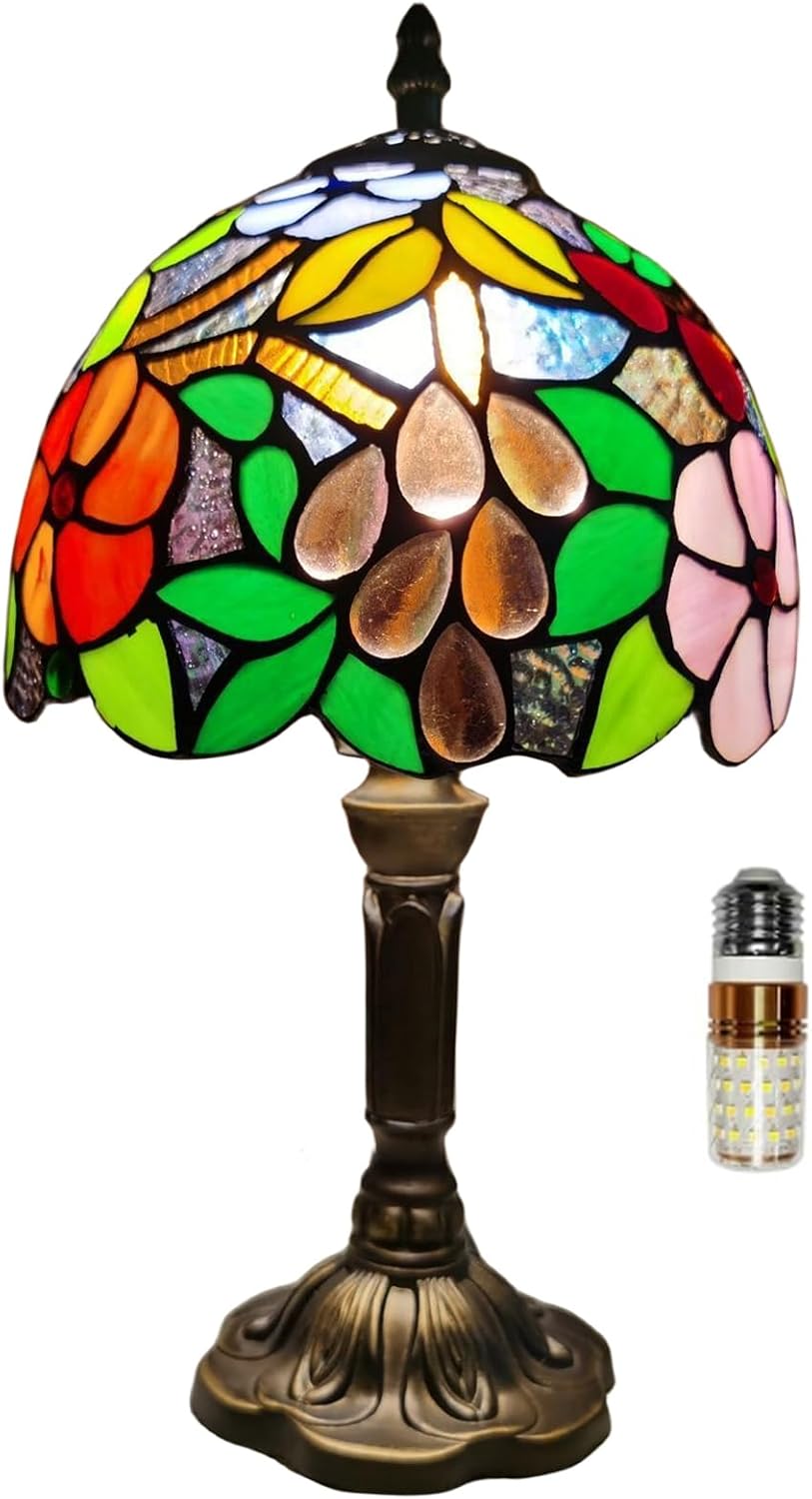 Tiffany Table Lamp,8X8X15Inch Small Antique Rose and Grape Pattern Stained Glass 3 Color Temperatures Bedside Nightstand Table Lamps for Bedroom Living Room Home Office+LED Bulb