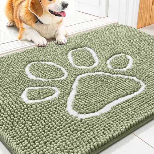 Image of Smiry Dog Door Mat for Muddy Paws, Absorbent Dirt Trapper Non Slip Quick Dry Washable Chenille Mat for Mud Dogs, Entry Rug for Indoor and Outdoor (30x20 Inches, Sage Green and White)