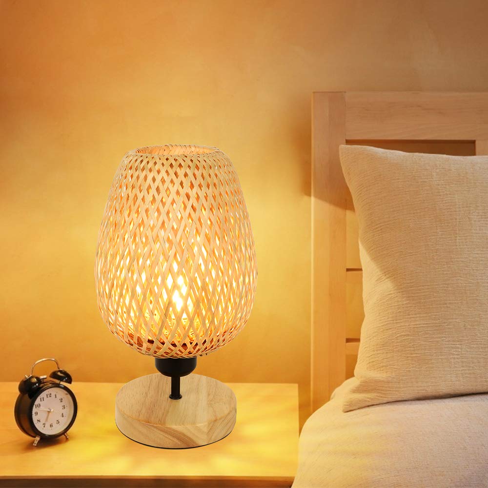 Depuley Modern LED Tischlampe Rattan aus Bambus und Holz, Dekorative Nature Tischleuchte mit E27-Fassung max. 60 Watt, Nachtlicht Leselampe für Schalfzimmer Kinderzimmer, Glühbirne enthalten