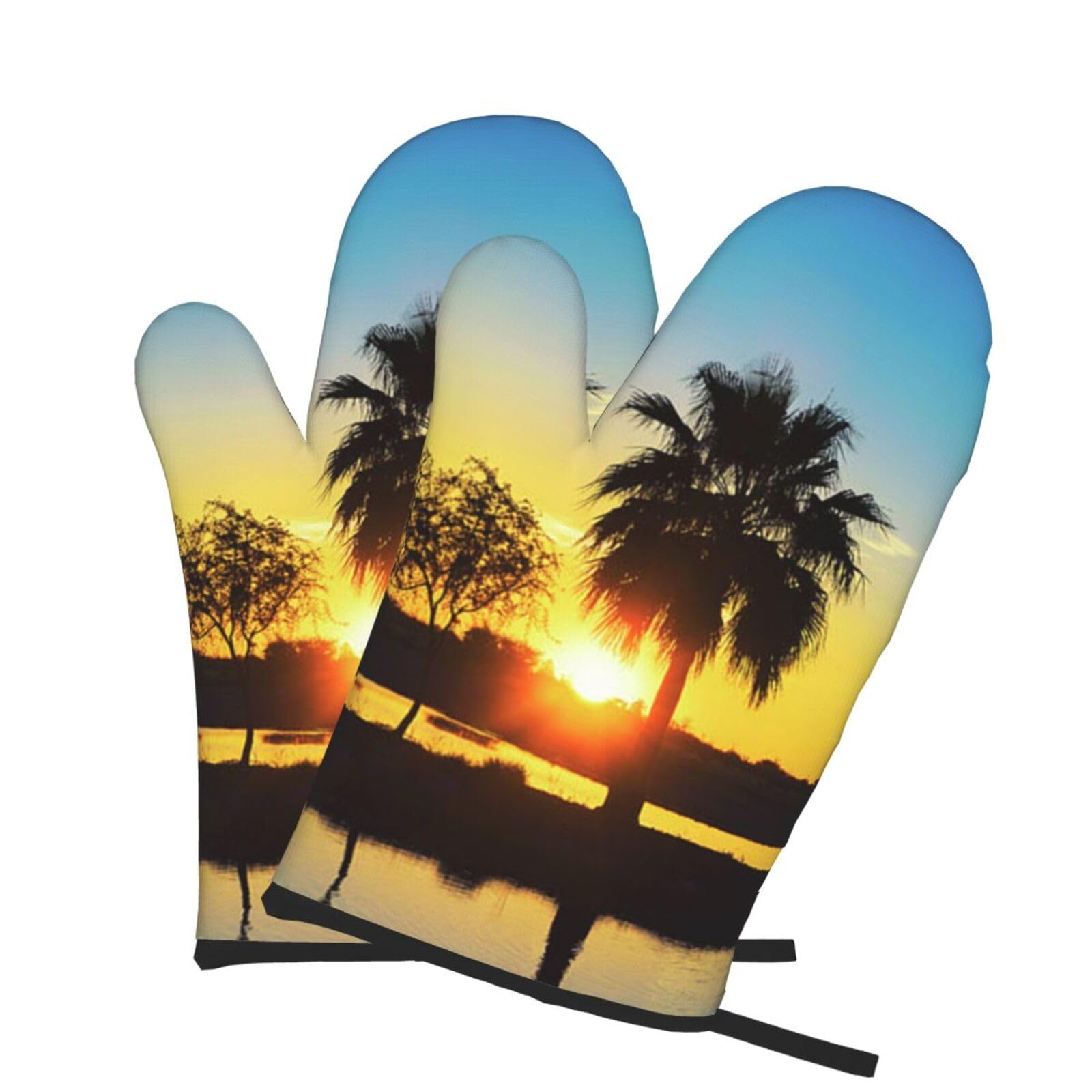 Oven Mitts Set of 2 Pcs, Sunset Palm Prints Heat Resistant Kitchen Gloves for Cooking Baking Grilling