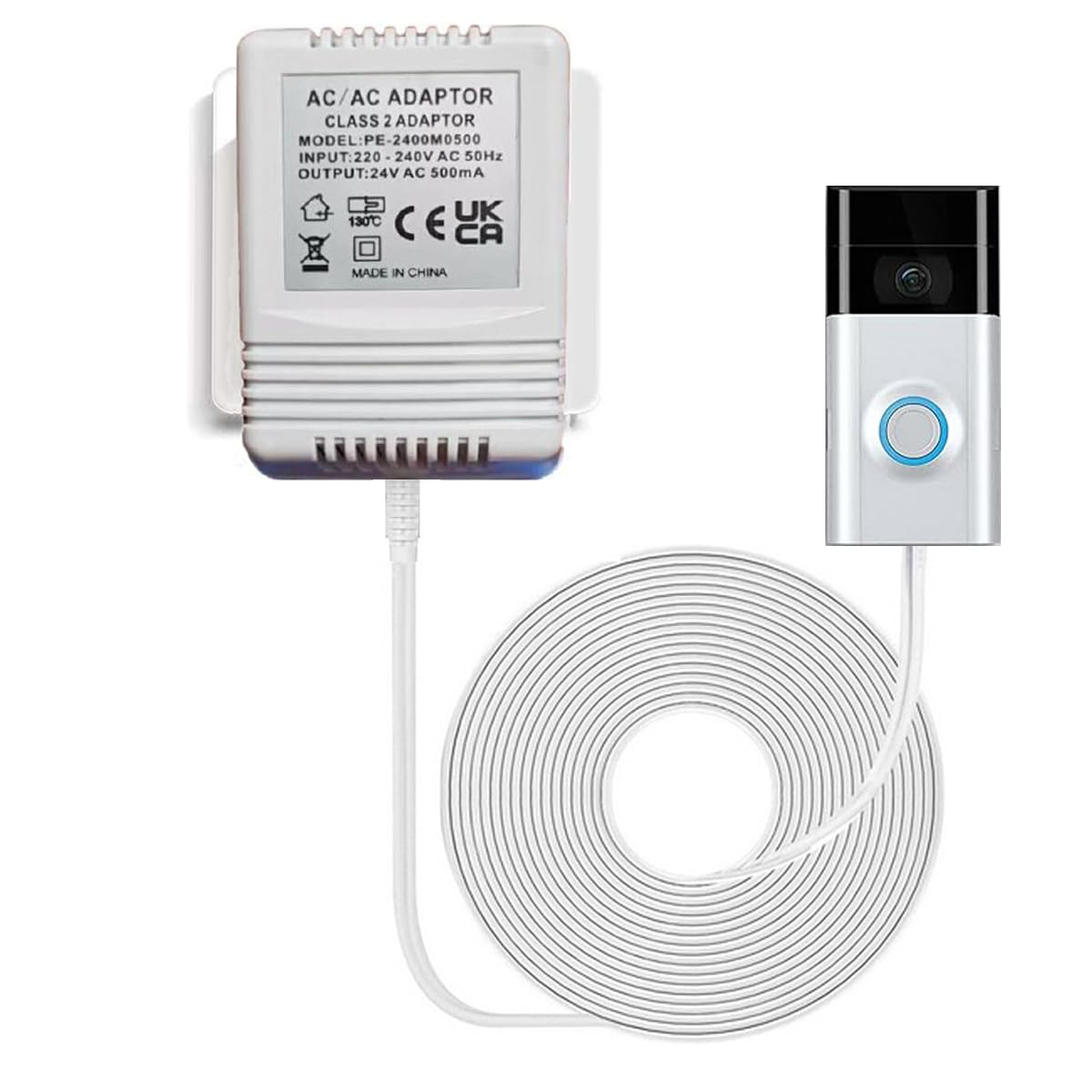 Doorbell Transformer, 3m/118in White C Wire Power Adapter, 24V 500MA AC Power Supply Adapter Transformer Compatible with Ring Door Bell Video Doorbell 2 Pro
