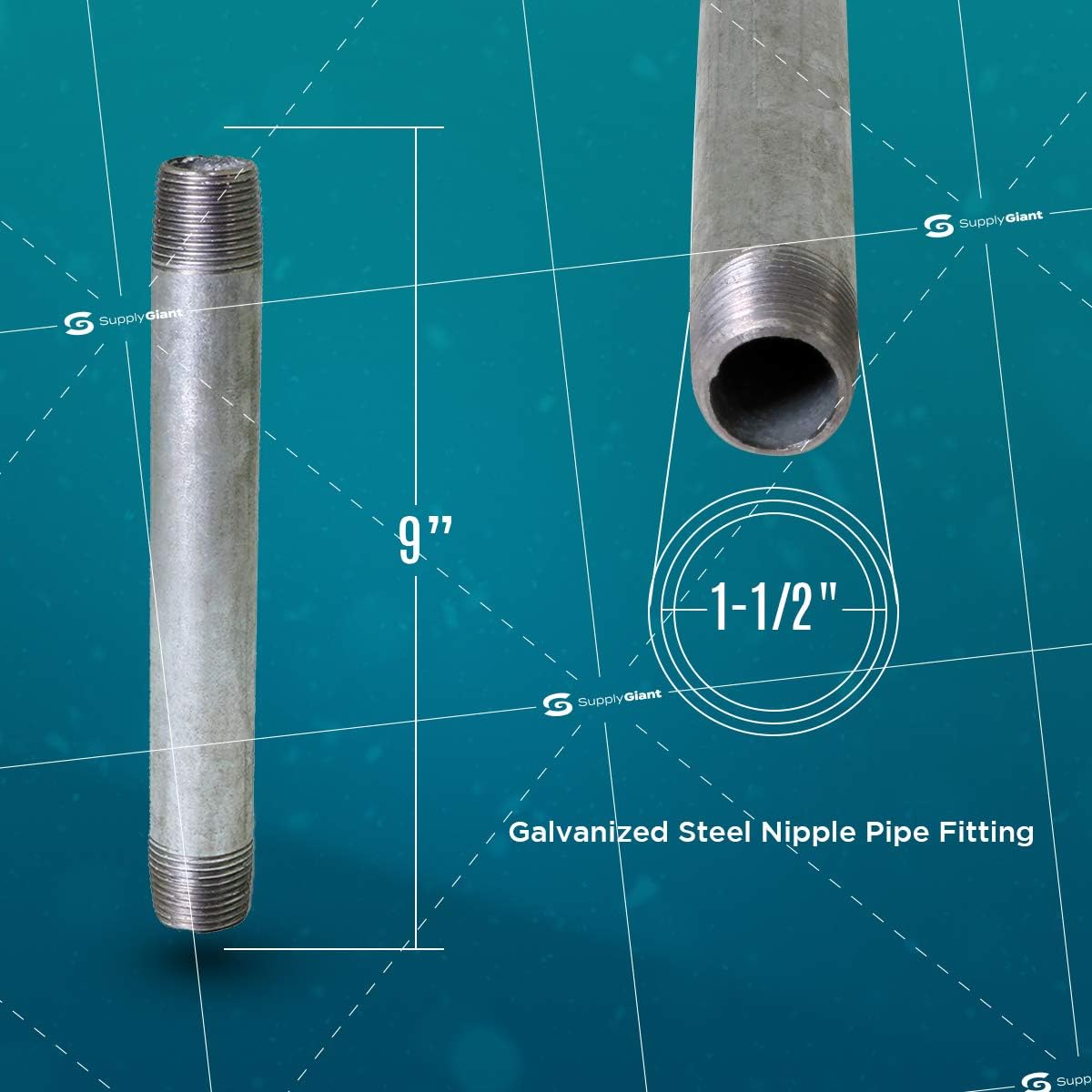 Bеѕt Dеаl Prоduсt Supply Giant OQHM1590-4 Pre Cut Industrial Steel Nipple Malleable Connectors, Used To Build Vintage Furniture, Threaded Pipes and Fittings, 1-1/2'' x 9, Galvanized (Pack of 4), 1-1/2 x 9