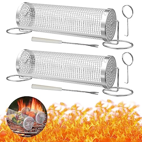 zhongko 30CM Zylindrischer Grillkorb 2Pcs Rolling Grillkorb mit Gabel...