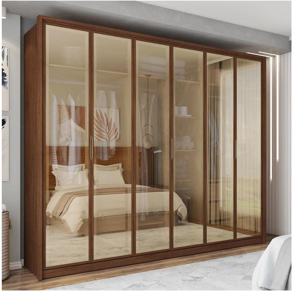 Furnilife Engineered Wood Wardrobe With 6 Doors 4 Drawers With Mirror & Shelves For Bedroom -Dark Browncolor(Wxhxd): 210X200X57 Cm, Suitable For Bedroom, Laundry Room, Closet, Garage,