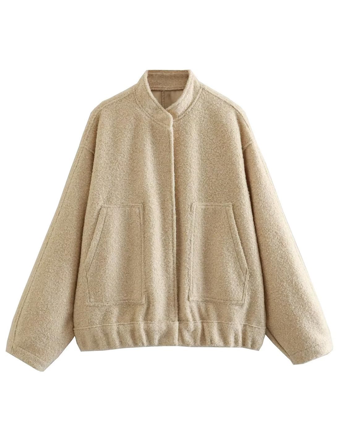 SukanyWomen's Oversized Wool Blend Bomber Jacket Button Down Loose Varsity Long Sleeve Casual Jacket Shacket Coat