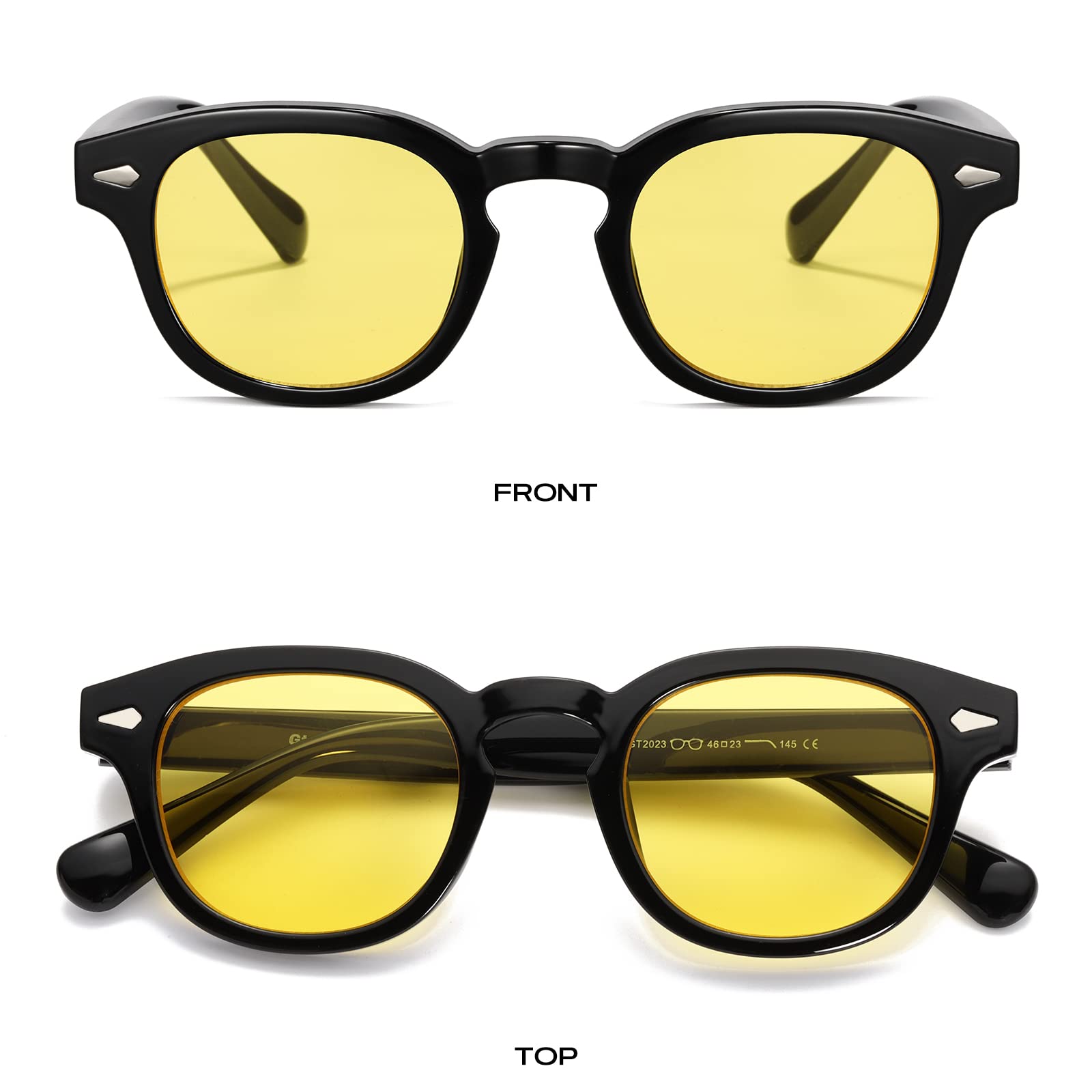 Gtand Unisex-Sonnenbrille im Vintage-Retro-Stil, rund, getönt, für Damen und Herren, modisch, kreisförmig, 46 mm, C07 schwarzer Rahmen/gelb getönte Gläser, 46mm
