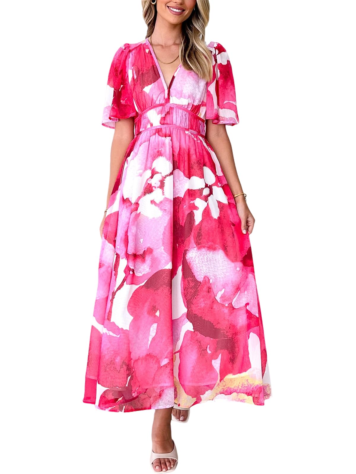 Flessibili Womens V Neck Flutter Sleeve Boho Midi Dress Summer Wedding Guest Beach Party Long Dresses