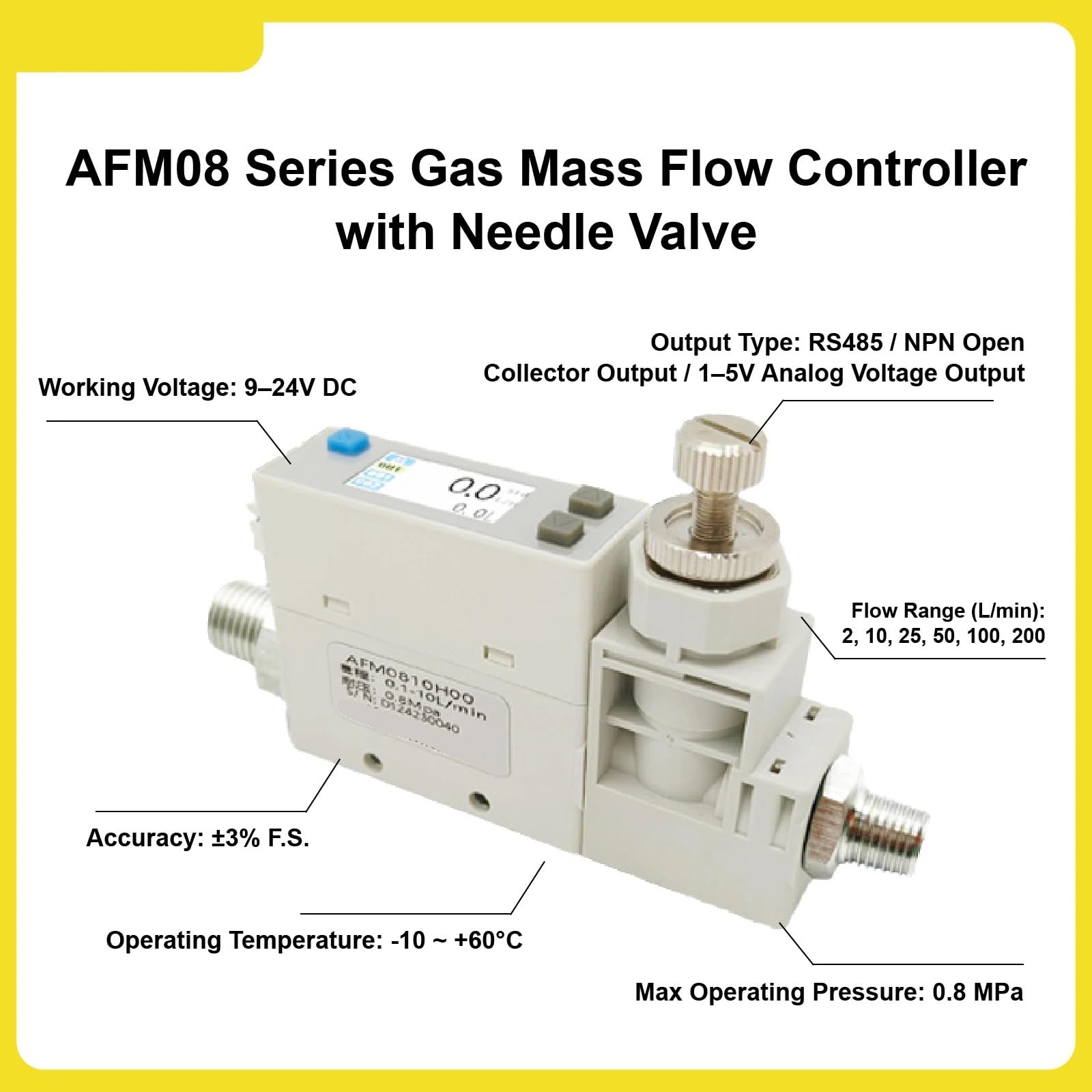 Medidor digital de flujo másico para nitrógeno y oxígeno con válvula de aguja RS485, salida NPN de 1-5 V, medición y control de precisión, ideal para aplicaciones industriales