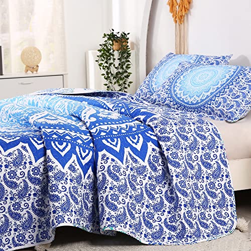 Bohemian Mandala Quilt Set 3D Printed Boho Chic Hippie Bedding With 1 Quilt And 2 Pillowcases Bohemian Comforter Set Blue Quilt Set Reversible Design Mandala Flower Bedding Set(King-98”*106”, Blue) #TOP4