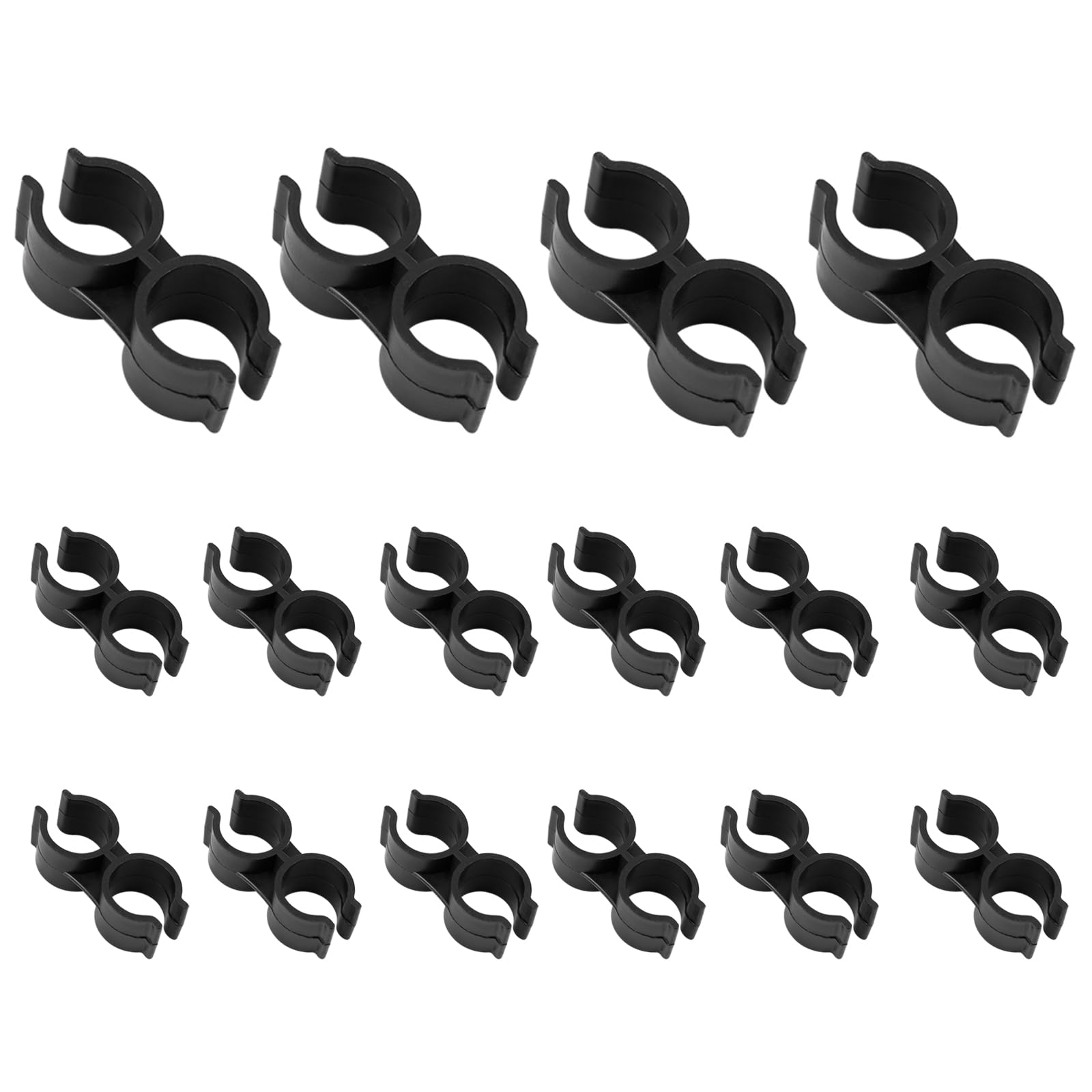 16Pcs Plastic Black Double Pipe Clamps, 20mm H-Type Double Port Pipe Clips, Warehouse Supermarket Shelf Pole Connector, Tube Buckle