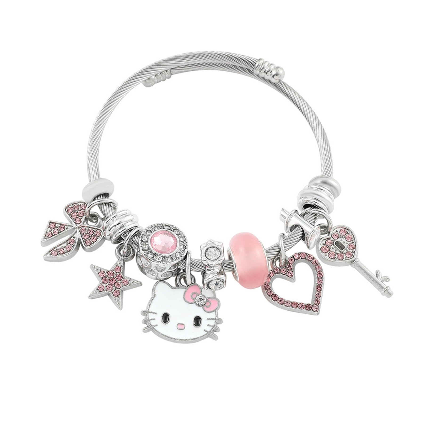 Hello Jewelry Bracelet Charms Braclet, Kawaii Pink Kitty Bangle Women Matching Accessories, for Teen Graduation Birthday Gifts Stuff