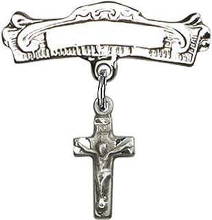 Sterling Silver Baby Badge with Crucifix Charm and Arched Polished Badge Pin 7/8 X 7/8 inches