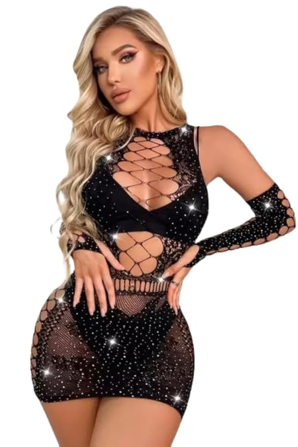 fiereWomen Lingerie Fishnet Bodysuit Sparkle Rhinestone Sexy Mesh Teddy Lingerie with Shiny Stone Gloves