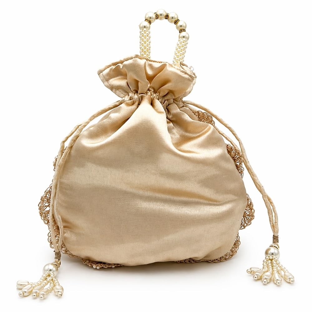 Amayra Luxe Hand Embroidered Art Silk Potli Bag for Women | Pearl Handle Drawstring Ethnic Clutch Pouch | Wedding Party Festive Traditional Handbag - Beige 1