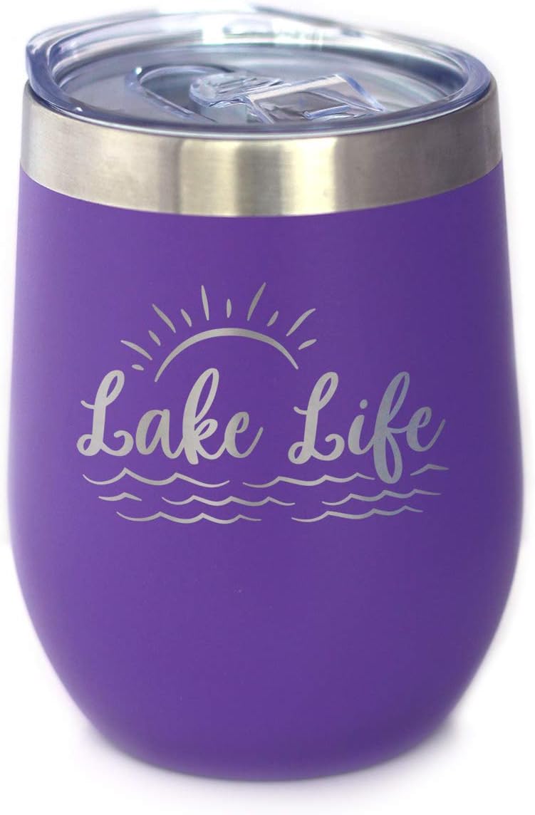 Bevvee Lake Life - Wine Tumbler with Sliding Lid - Stemless Stainless Steel Insulated Cup - Cute Outdoor Camping Mug - Purple