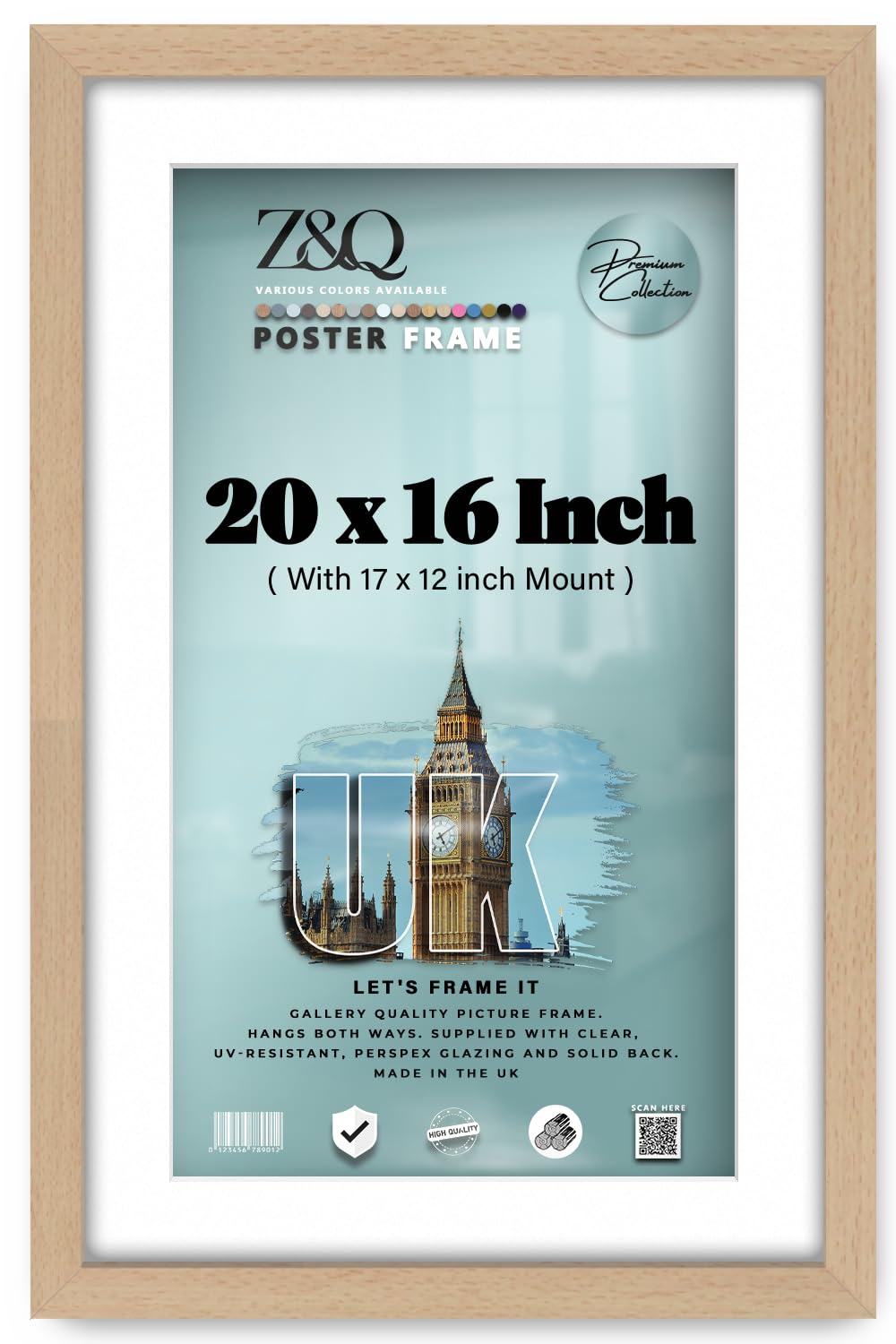 Z&Q Beech - Flat Modern Mdf Wood 20 X 16 Inch Picture Frame With 43.18 X 30.48 Cm White Mount Perfect For Wall Gallery (50.8 X 40.64 Cm) For Art, Posters & Room Decor [ ]