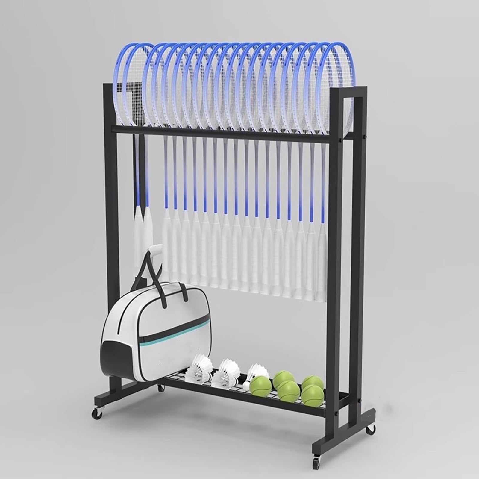 AEDNX Tennis Racket Garage Storage Carts with Wheels, Home Gym Badminton Racquet Set Holder, Sturdy Steel Commercial Racket Display Stand for Gym/School/Retail Store(4 Pack)