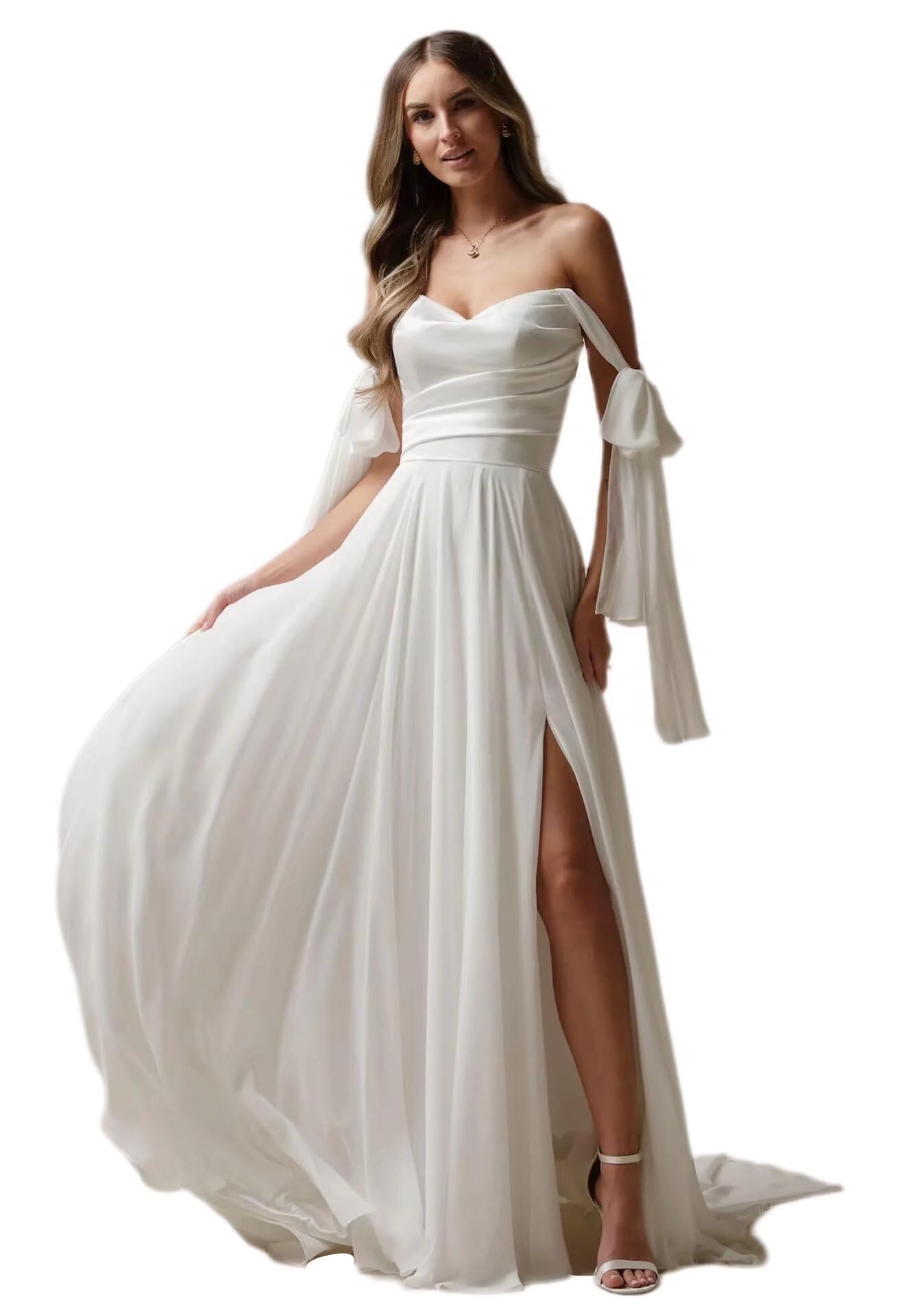 Simple Elegant Chiffon Wedding Dresses for Bride Plus Size A-Line Pleated Off Shoulder Bridal Gown for Women