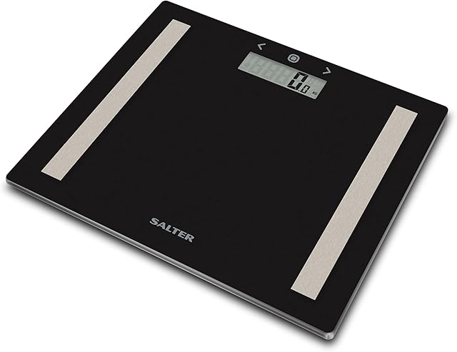 Salter 9113 BK3R Compact Glass Analyser Bathroom Scale, 150 KG Capacity, 8 User Memory, Digital Weighing Scales, Slim Design, Athlete Mode, Measures Weight, Body Fat/Water And BMI, Carpet Feet, Black