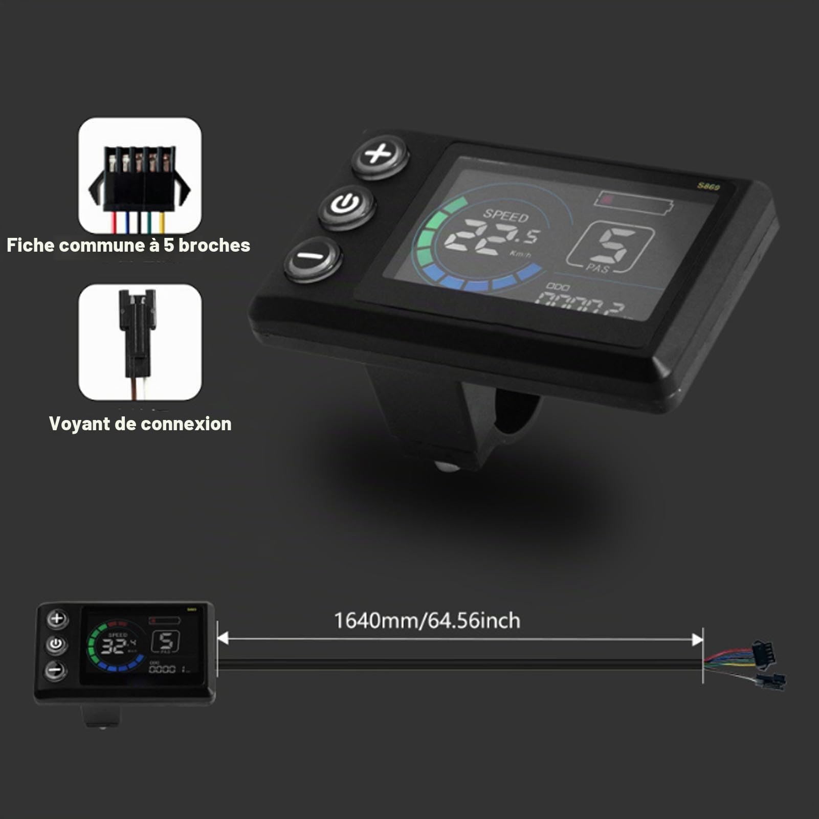 BuyWeek Kit de Contrôleur de Moteur sans Balais pour Scooter Vélo Électrique, 36V 48V 250W 350W 17A 3 Modes Contrôleur d'onde Sinusoidale Panneau d'Affichage LCD Couleur S869 et Accélérateur 130X