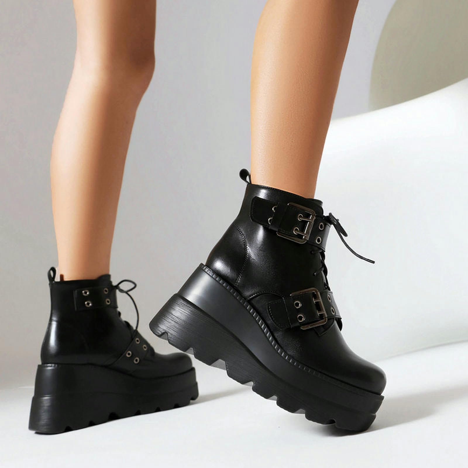 Damskie solidne gotyckie botki na platformie moda klamra punk kliny wysokie obcasy damskie buty imprezowe uliczne damskie buty